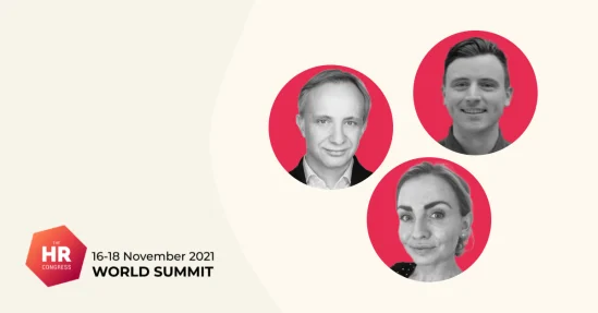 HR Congress World Summit promotion featuring three individuals' headshots on a pastel background, event dates highlighted. HR Congress, World Summit, Event Promotion